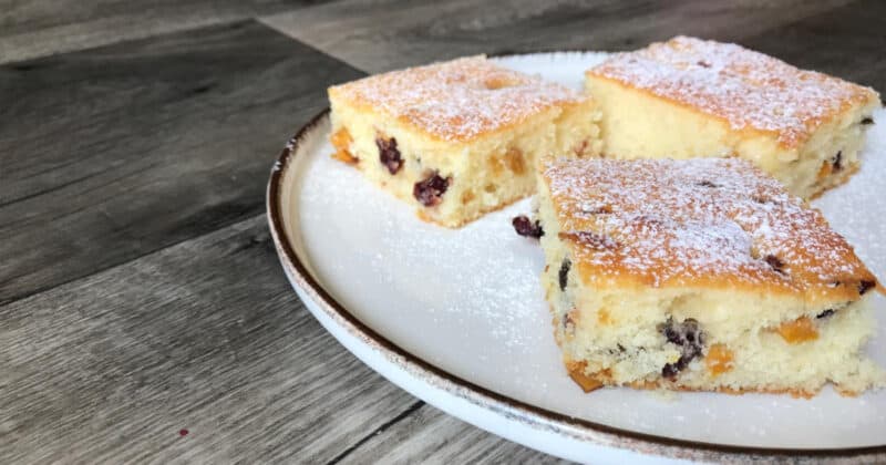 Recept: Tvarohový koláč na plech, sušené mango a ovocie.